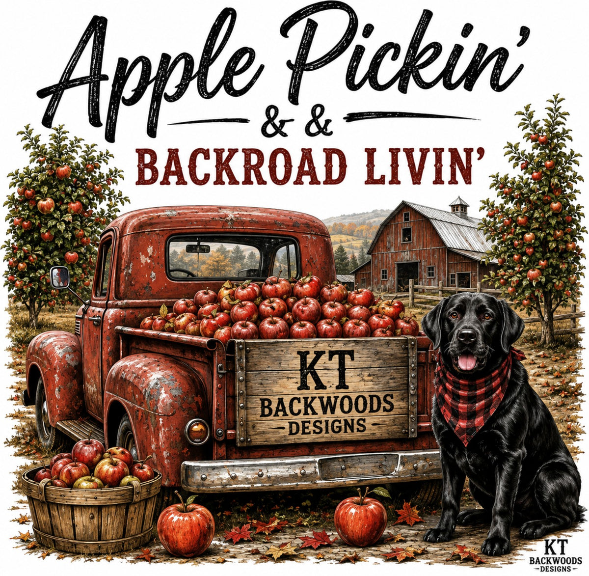 Apple Pickin and Backroad Livin rustic truck and dog design