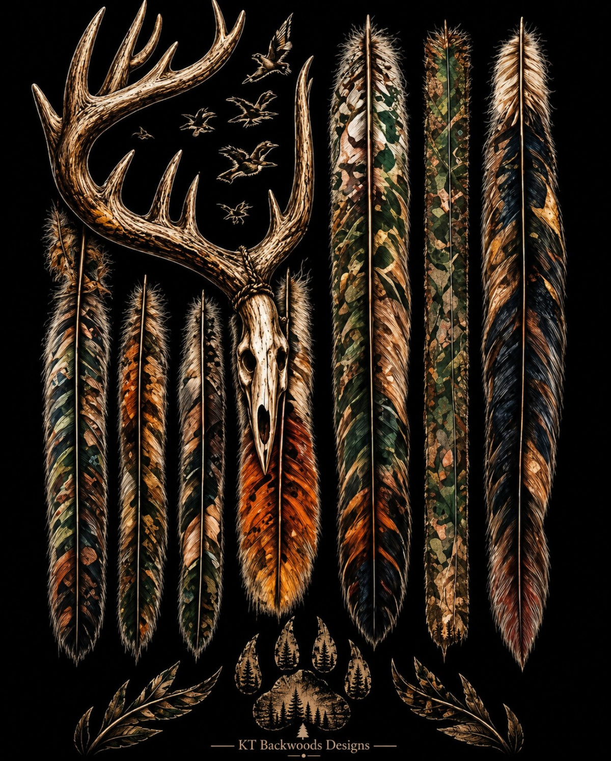 Camo hunting feathers deer skull antler and paw design