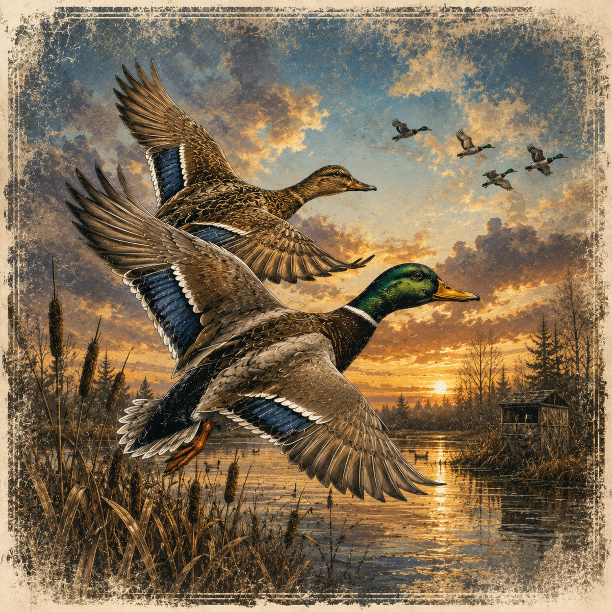 Rustic mallard ducks flying over marsh at sunset