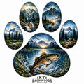 Paw print filled with mountain lake scenes and jumping fish