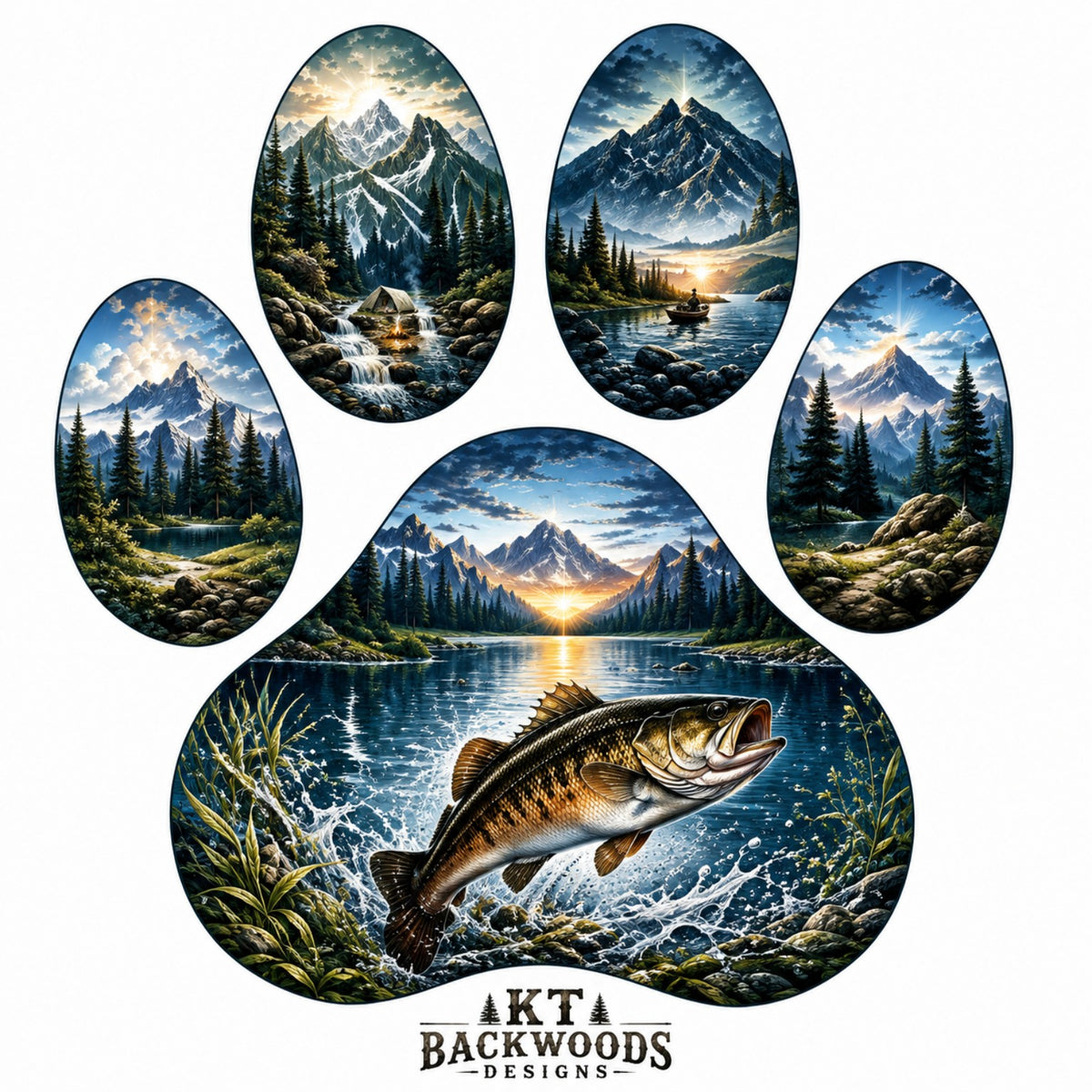 Paw print filled with mountain lake scenes and jumping fish