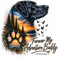 Black dog outdoor sunset adventure design with paw print
