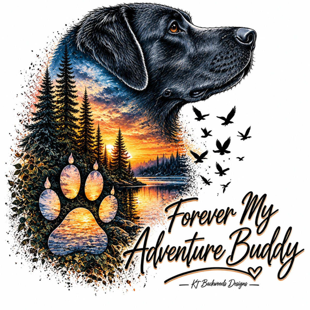 Black dog outdoor sunset adventure design with paw print