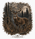 Whitetail buck standing in dark forest beneath full moon