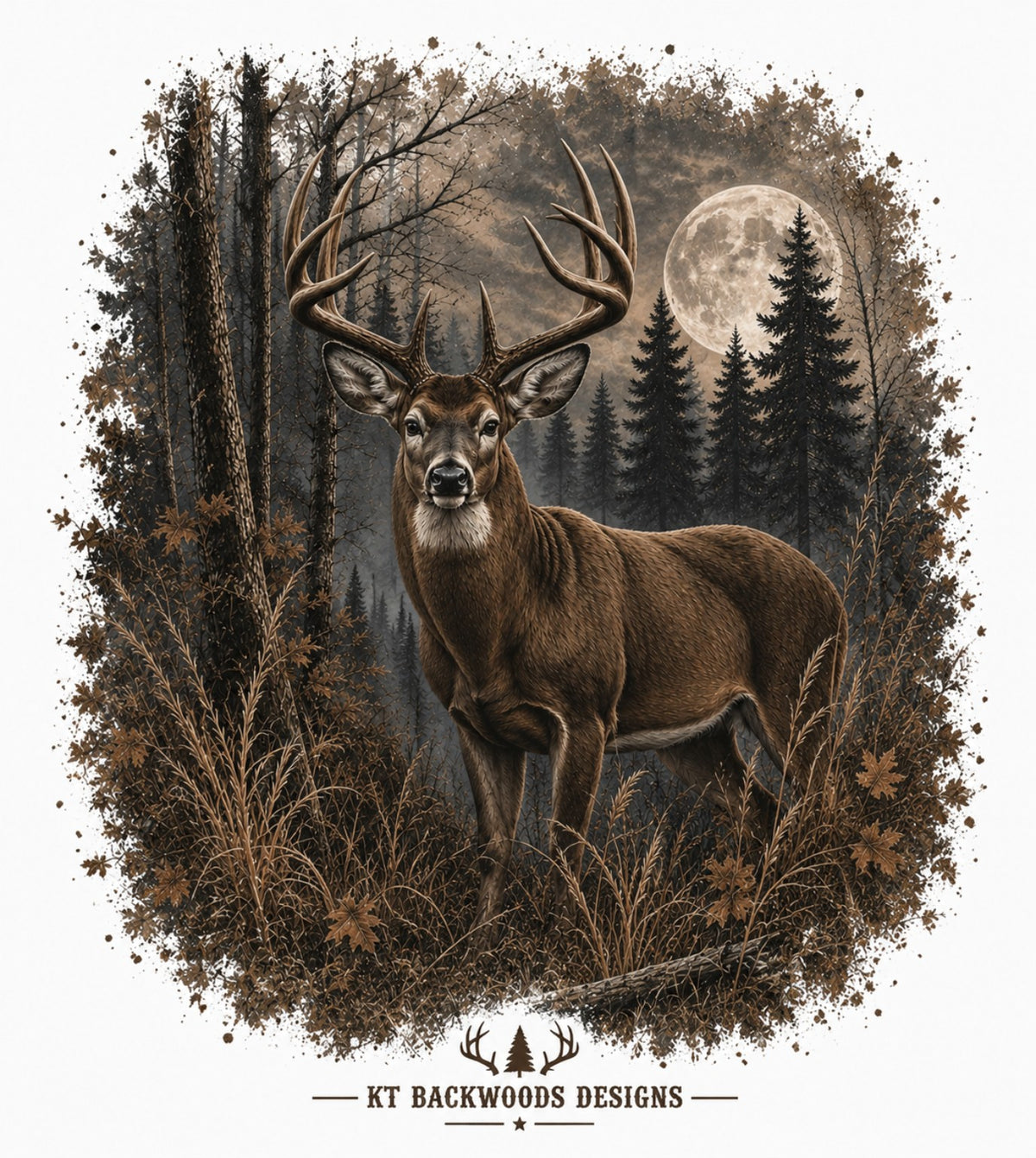 Whitetail buck standing in dark forest beneath full moon