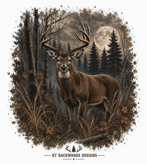 Whitetail buck standing in dark forest beneath full moon
