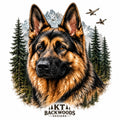 German Shepherd portrait with mountains pine trees and ducks