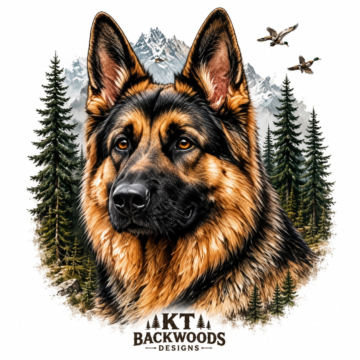 German Shepherd portrait with mountains pine trees and ducks