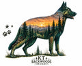 German Shepherd silhouette filled with mountain sunset scene