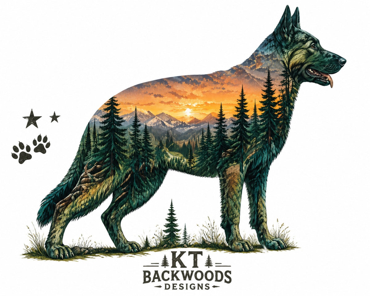 German Shepherd silhouette filled with mountain sunset scene