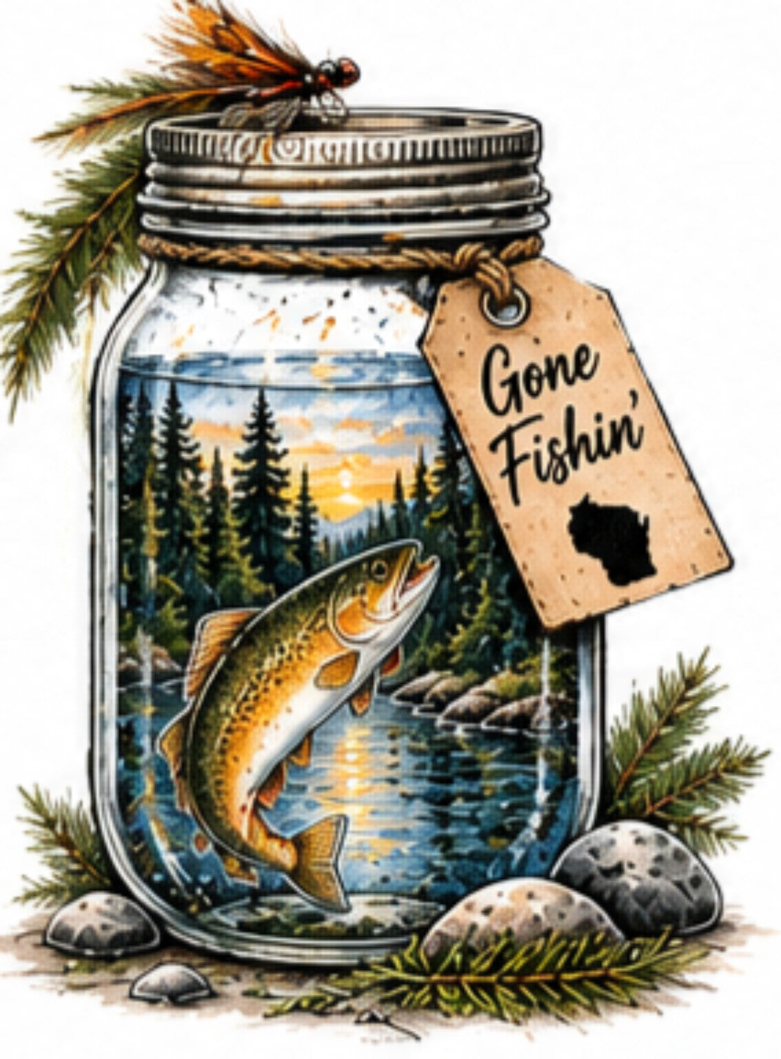 Gone Fishin rustic trout jar design