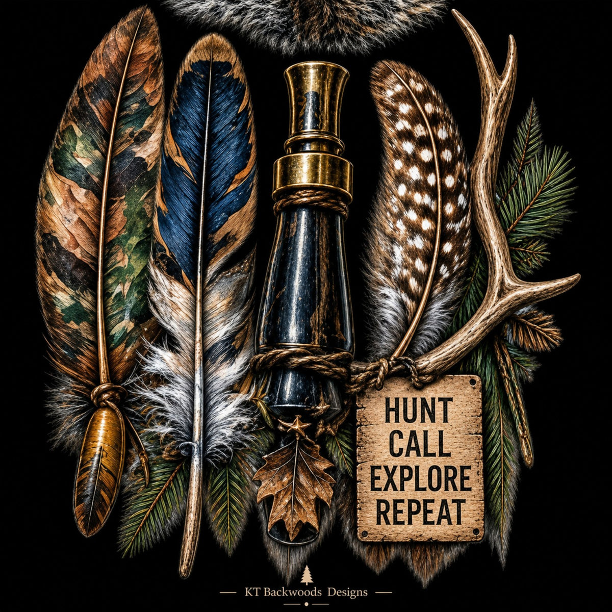 Rustic hunting feathers antler and game call design