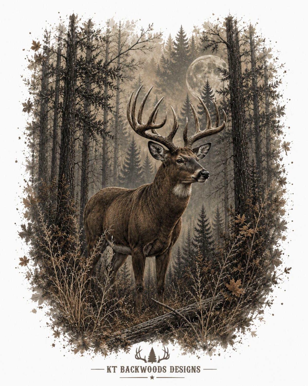Rustic whitetail buck in moonlit forest design