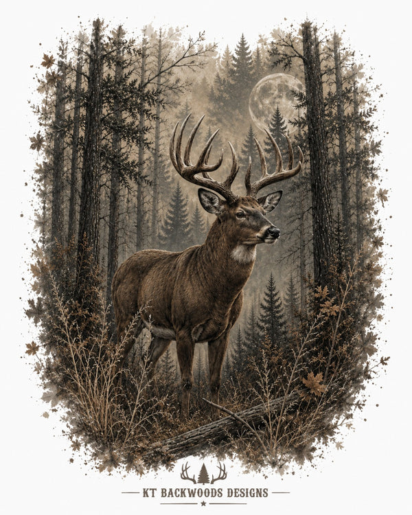 Rustic whitetail buck in moonlit forest design