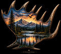 Moose antler silhouette filled with mountain lake sunset scene