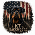 Rottweiler with rustic American flag and pine forest design
