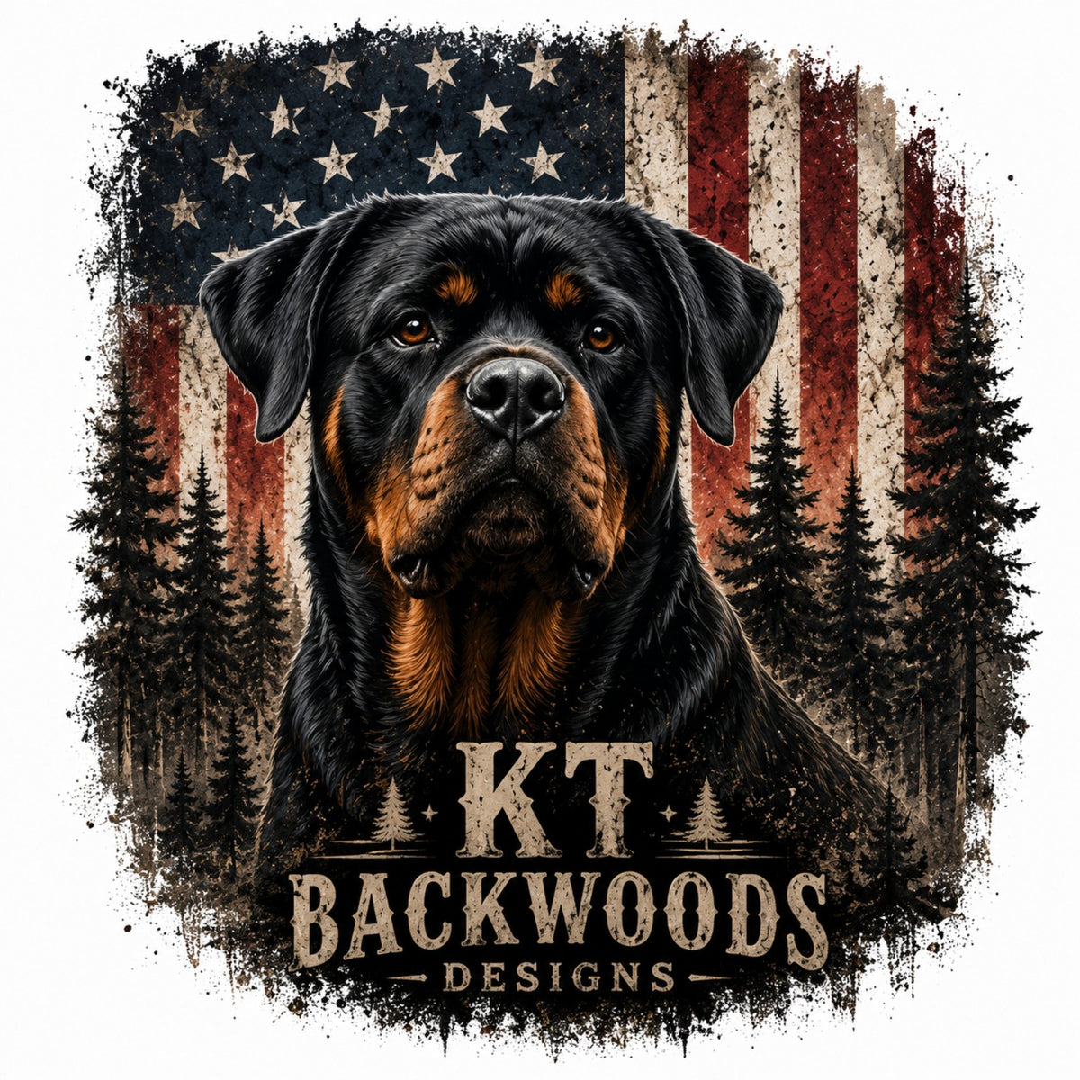 Rottweiler with rustic American flag and pine forest design