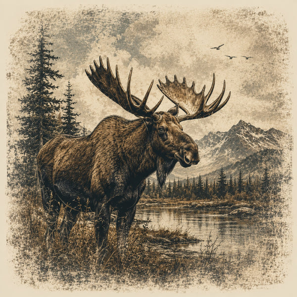 Rustic moose mountain lake wildlife design