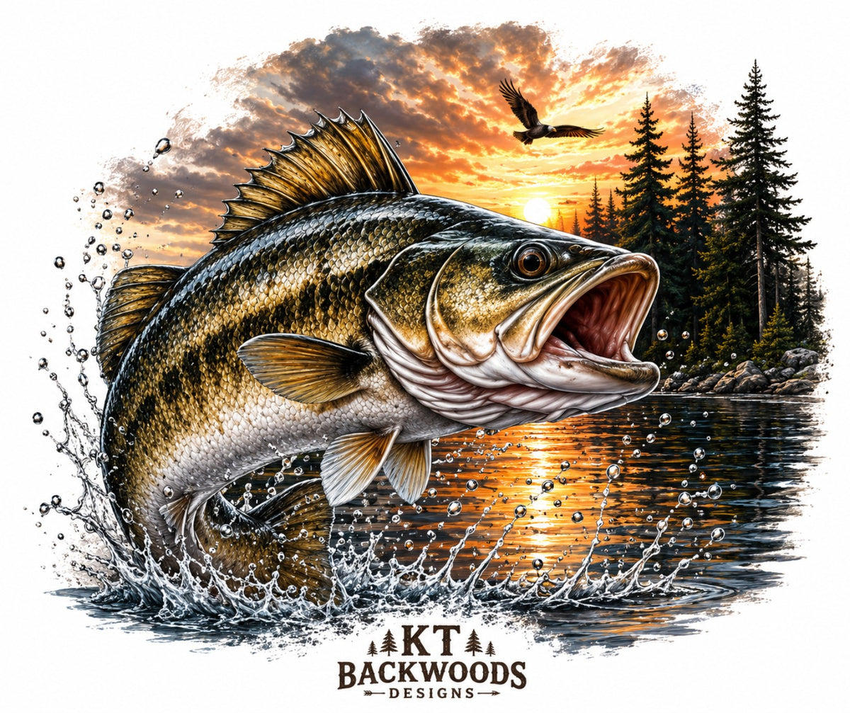 Walleye jumping from lake at sunset KT Backwoods Designs