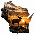 Wisconsin silhouette with elk and sunset forest scene