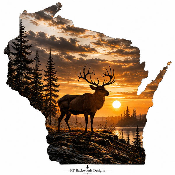 Wisconsin silhouette with elk and sunset forest scene